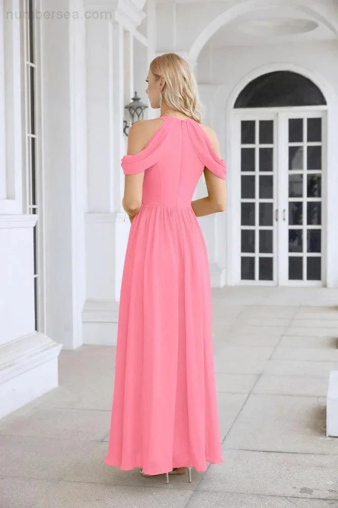 Ladies Chiffon Off Shoulder Swing Sleeve Front Slit Bridesmaid Evening Dress Wedding Party Evening Dress 28117 (ZD17011)