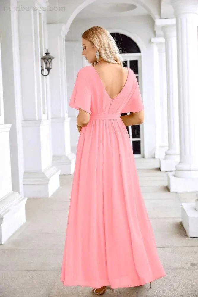 Ladies Chiffon Sleeve Crew Neck Front Slit Floor Length Bridesmaid Evening Dress Wedding Party Evening Dress 28124 (ZD17007)