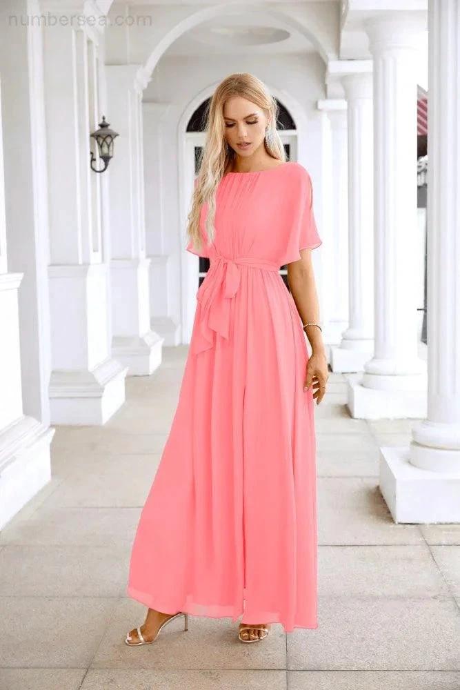 Ladies Chiffon Sleeve Crew Neck Front Slit Floor Length Bridesmaid Evening Dress Wedding Party Evening Dress 28124 (ZD17007)