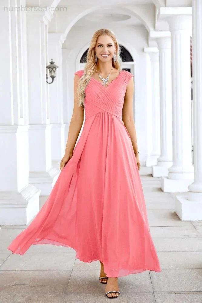 Ladies Chiffon V Neck Sleeveless Floor Length Bridesmaid Evening Dress Wedding Party Evening Dress 28126 (ZD16989)