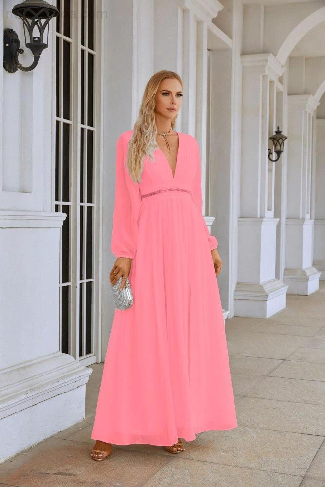 Ladies V Neck Chiffon Long Sleeve Front Slit Bridesmaid Evening Dress Wedding Party Shopping Evening Dress 28109 (ZD16991)