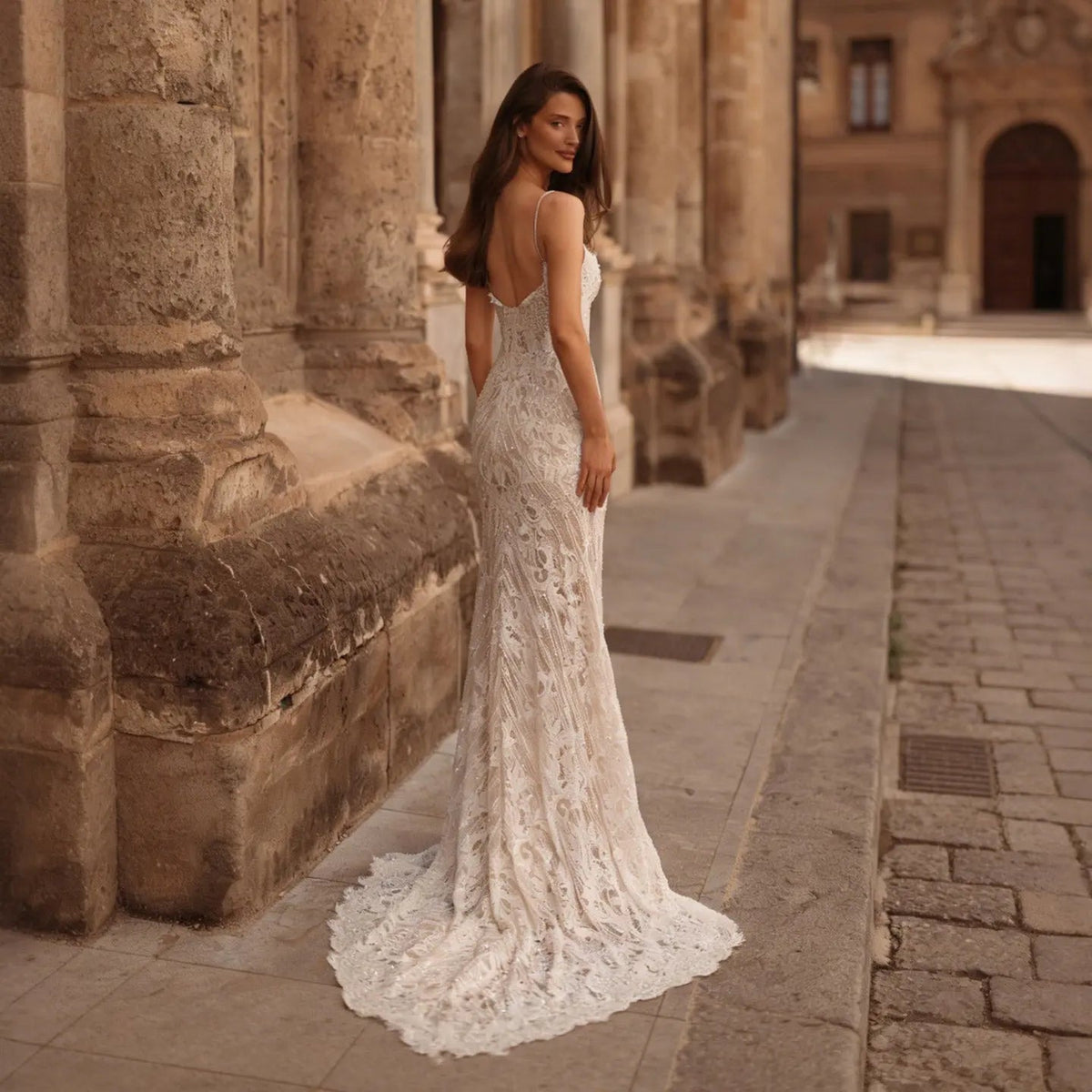 Sophisticated Ivory High Cold Shoulder Beaded Lace Fitted Wedding Dress ZP129