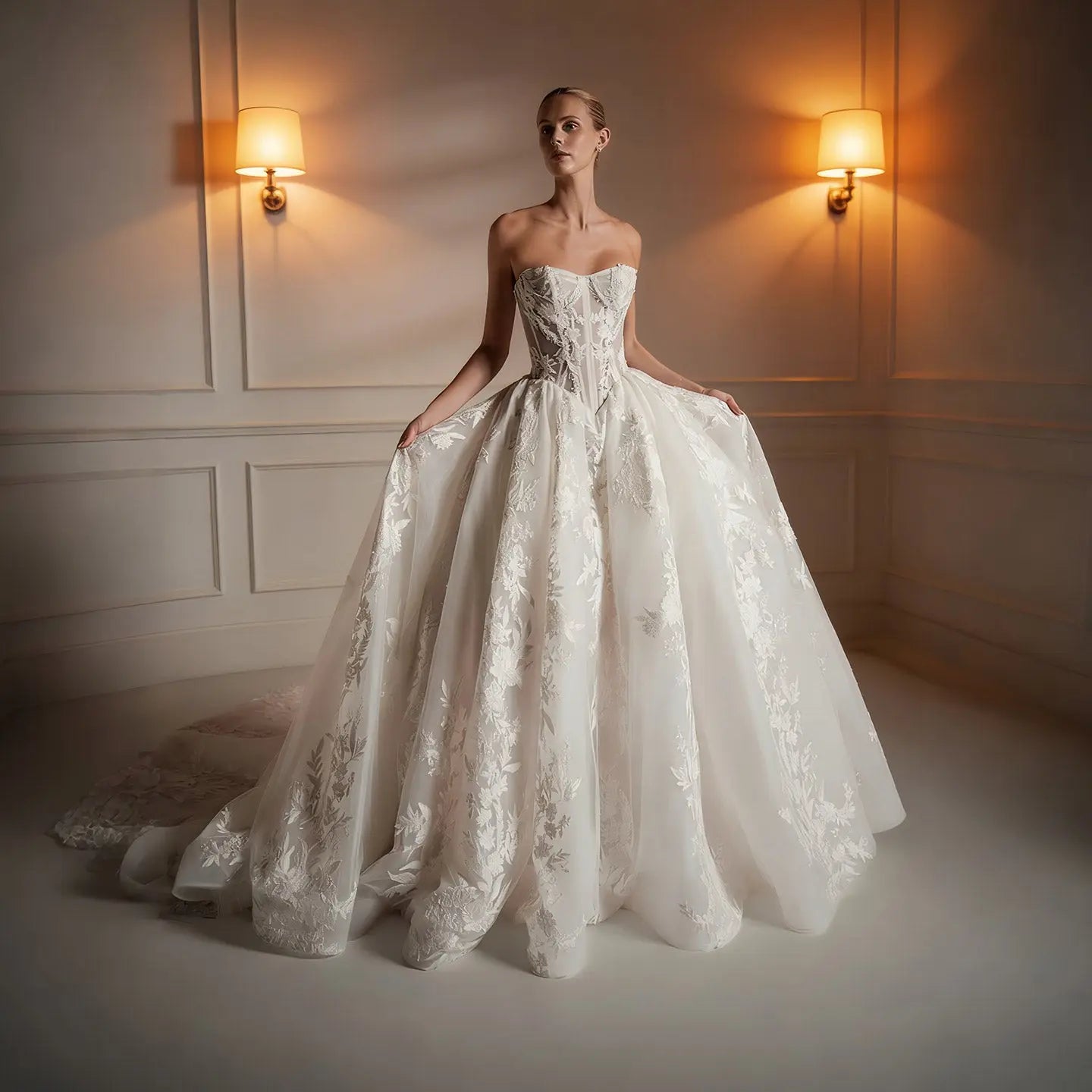 Luxury Ivory Strapless Floral Embroidery Ball Gown Wedding Dress with Veil ZP137