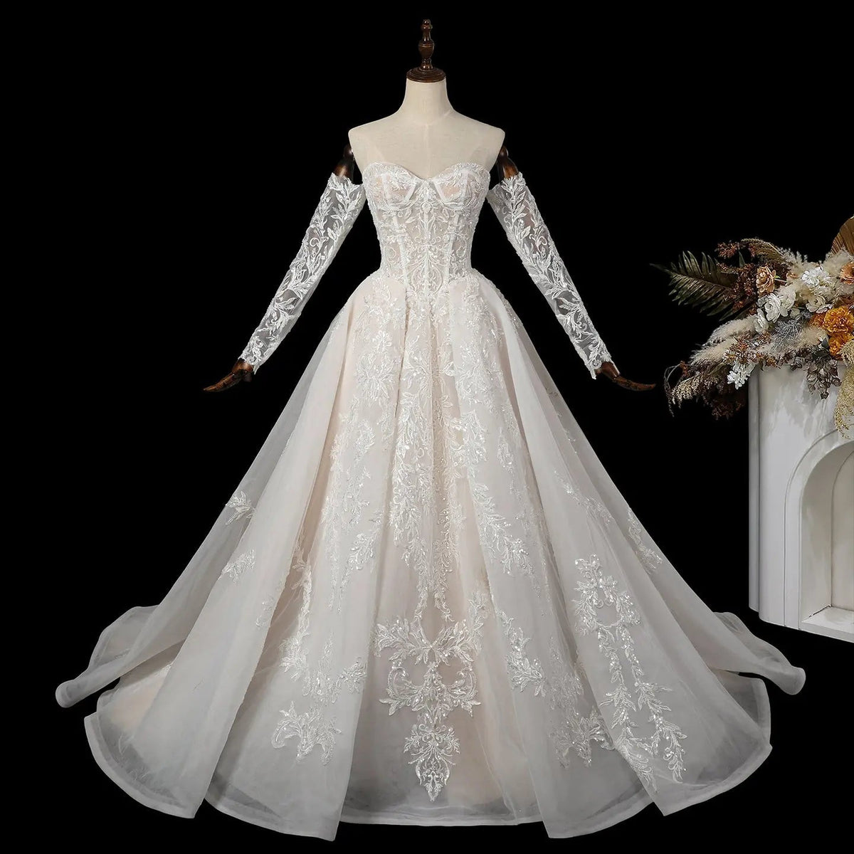 Elegant Ivory Strapless Corset Lace Tulle Bridal Gown Wedding Dress with Long Detachable Sleeves ZP067
