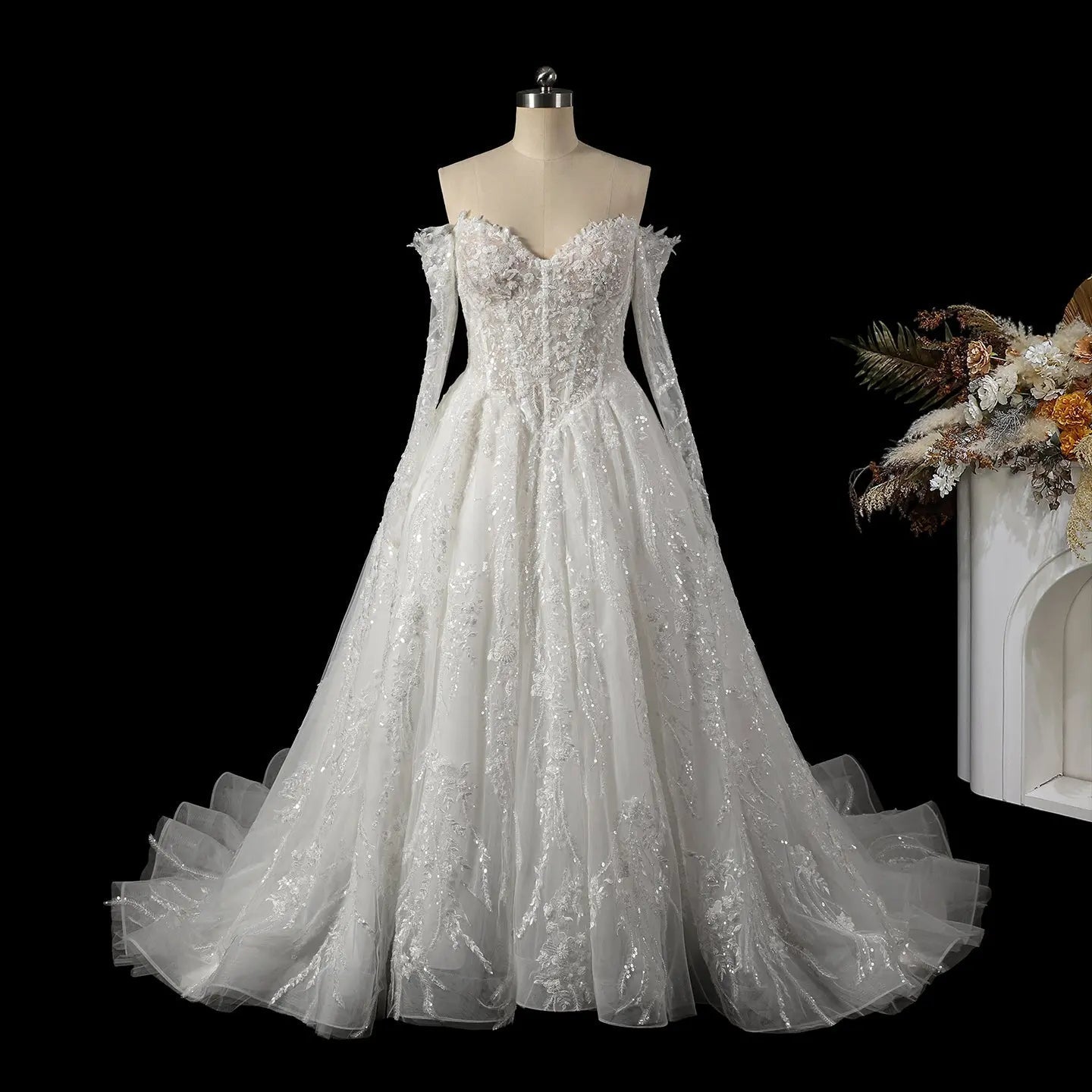 Luxury White Off-the-Shoulder Long Sleeve Lace Tulle Ball Gown Wedding Dress ZP068