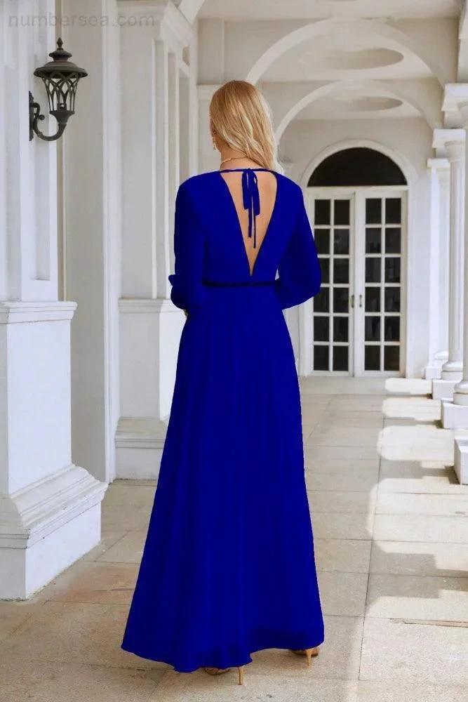 Ladies V Neck Chiffon Long Sleeve Front Slit Bridesmaid Evening Dress Wedding Party Shopping Evening Dress 28109 (ZD16991)