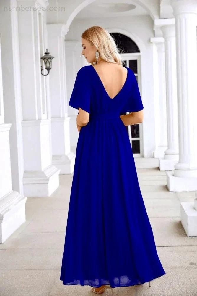 Ladies Chiffon Sleeve Crew Neck Front Slit Floor Length Bridesmaid Evening Dress Wedding Party Evening Dress 28124 (ZD17007)