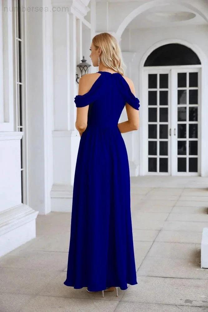 Ladies Chiffon Off Shoulder Swing Sleeve Front Slit Bridesmaid Evening Dress Wedding Party Evening Dress 28117 (ZD17011)