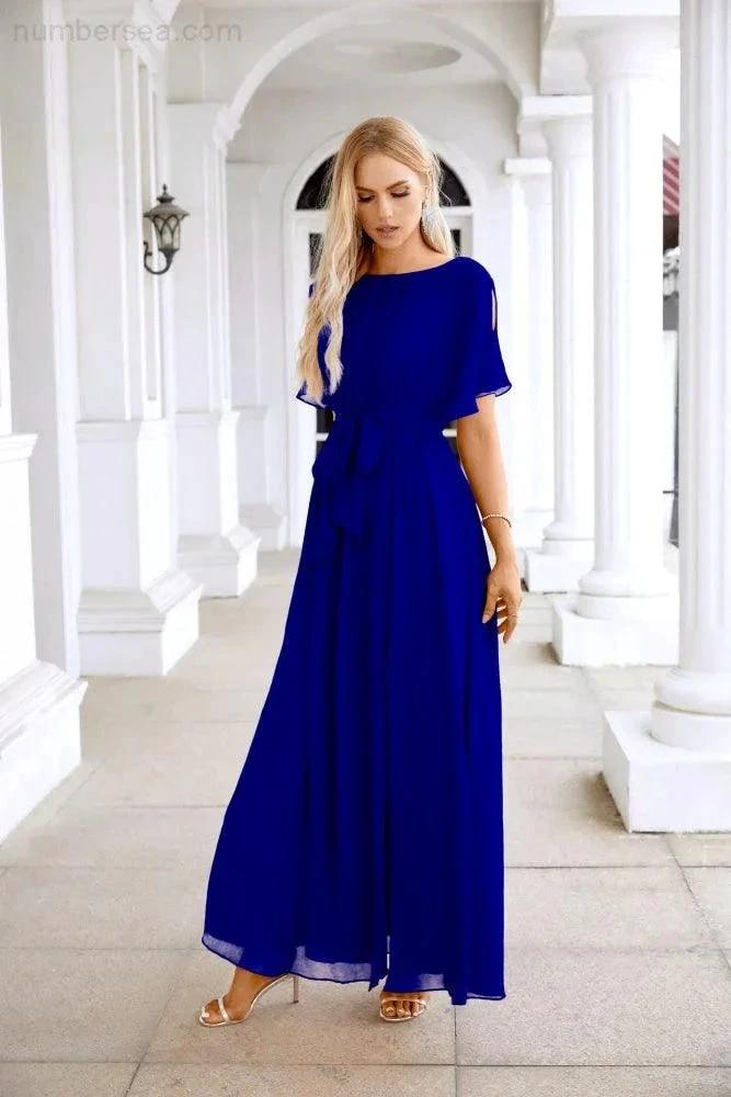 Ladies Chiffon Sleeve Crew Neck Front Slit Floor Length Bridesmaid Evening Dress Wedding Party Evening Dress 28124 (ZD17007)
