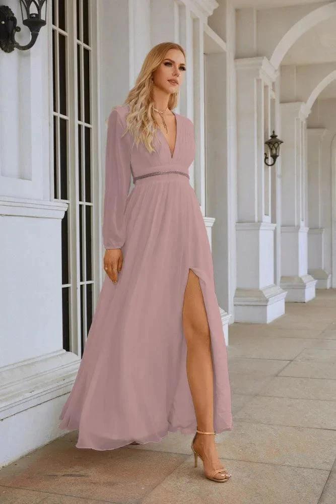 Ladies V Neck Chiffon Long Sleeve Front Slit Bridesmaid Evening Dress Wedding Party Shopping Evening Dress 28109 by numbersea