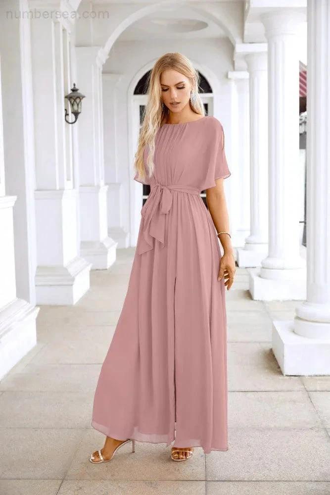 Ladies Chiffon Sleeve Crew Neck Front Slit Floor Length Bridesmaid Evening Dress Wedding Party Evening Dress 28124 (ZD17007)