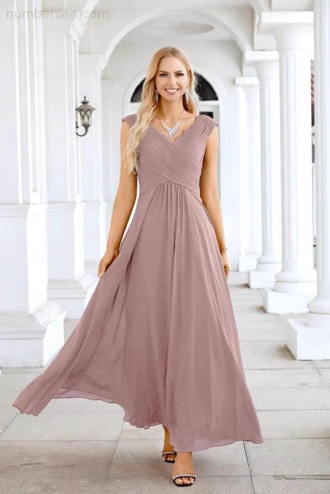 Ladies Chiffon V Neck Sleeveless Floor Length Bridesmaid Evening Dress Wedding Party Evening Dress 28126 (ZD16989)