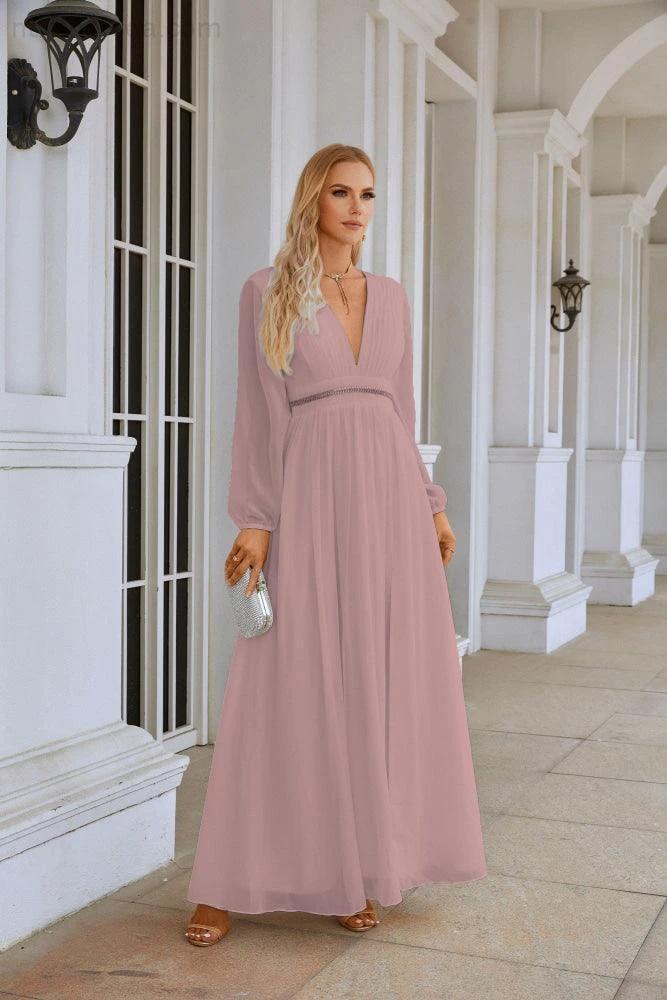 Ladies V Neck Chiffon Long Sleeve Front Slit Bridesmaid Evening Dress Wedding Party Shopping Evening Dress 28109 (ZD16991)