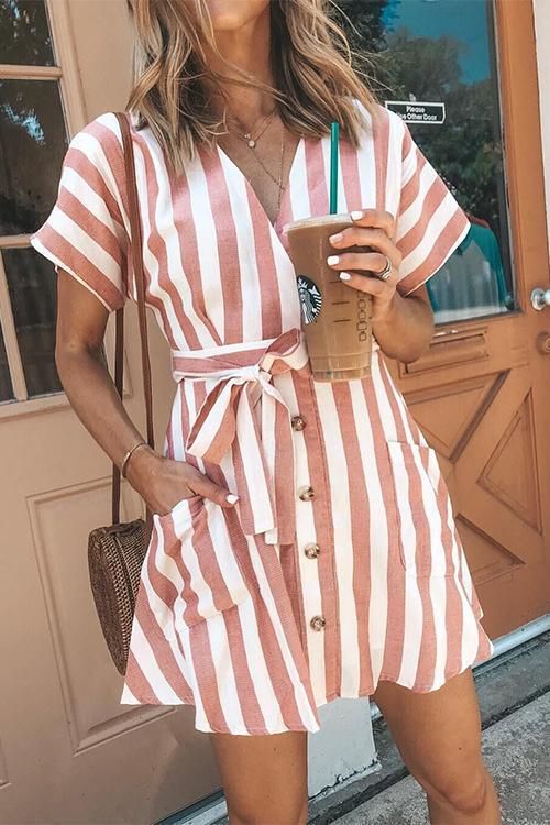 Rishi Cotton Pocketed Striped Shirt Dress Mocha