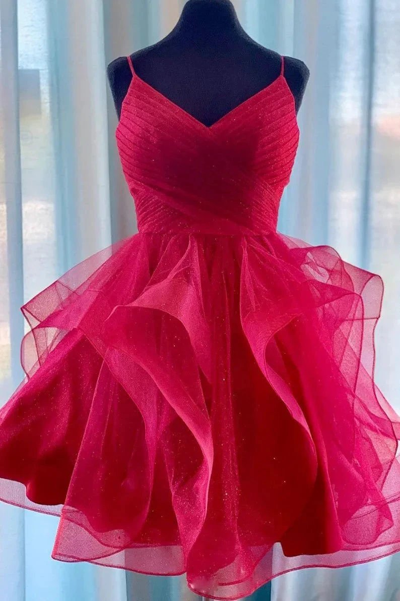 Chic Spaghetti-straps V-neck Short Homecoming Dresses With Ruffles by Ombreprom