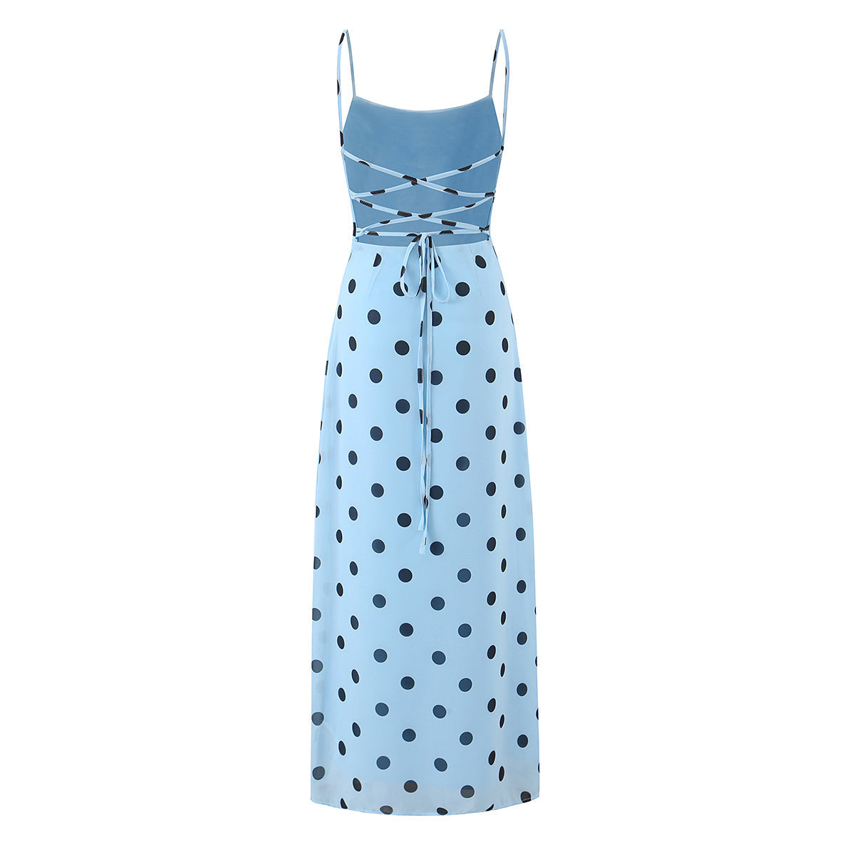 Gentle Graceful Pink Polka Dot Brace Dress Women Vintage Backless Lace up Design Tight Waist Maxi Dress