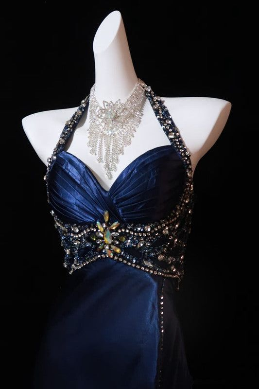 Gorgeous Navy Blue Halter Beaded Satin Memiad Prom Dress Fashion Slit Party Prom Dress - View 2 | FashionDia