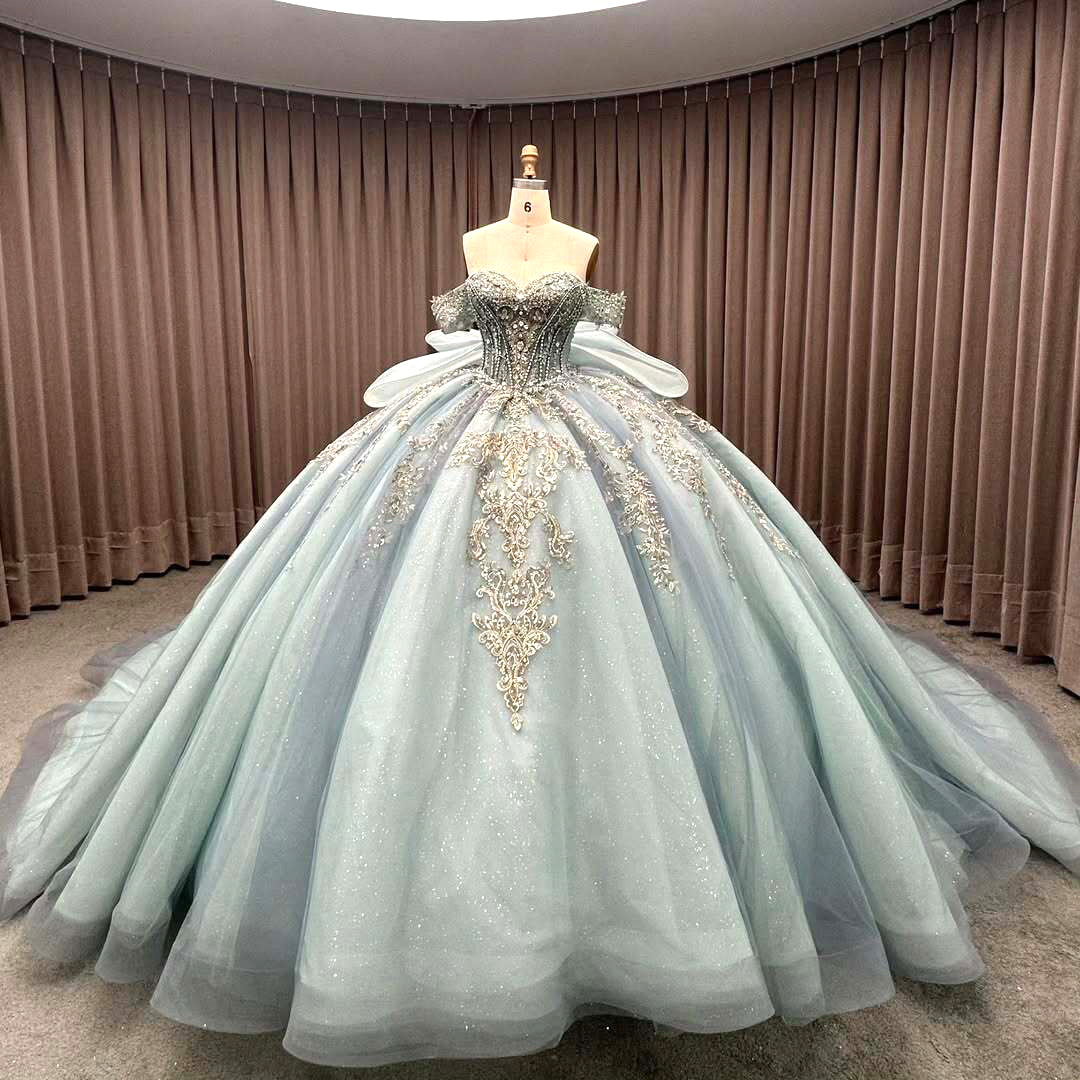 Luxurious A Line Off the Shoulder Light Blue Quinceanera Dress with Beading Bowknot