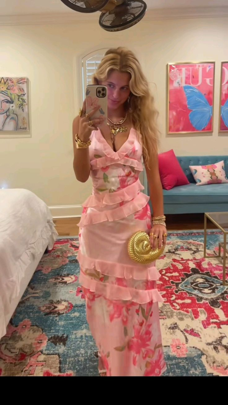 V-Neck Pink Flora Prom Party Dress Evening Dress 21st Birthday Outfit - FashionDia