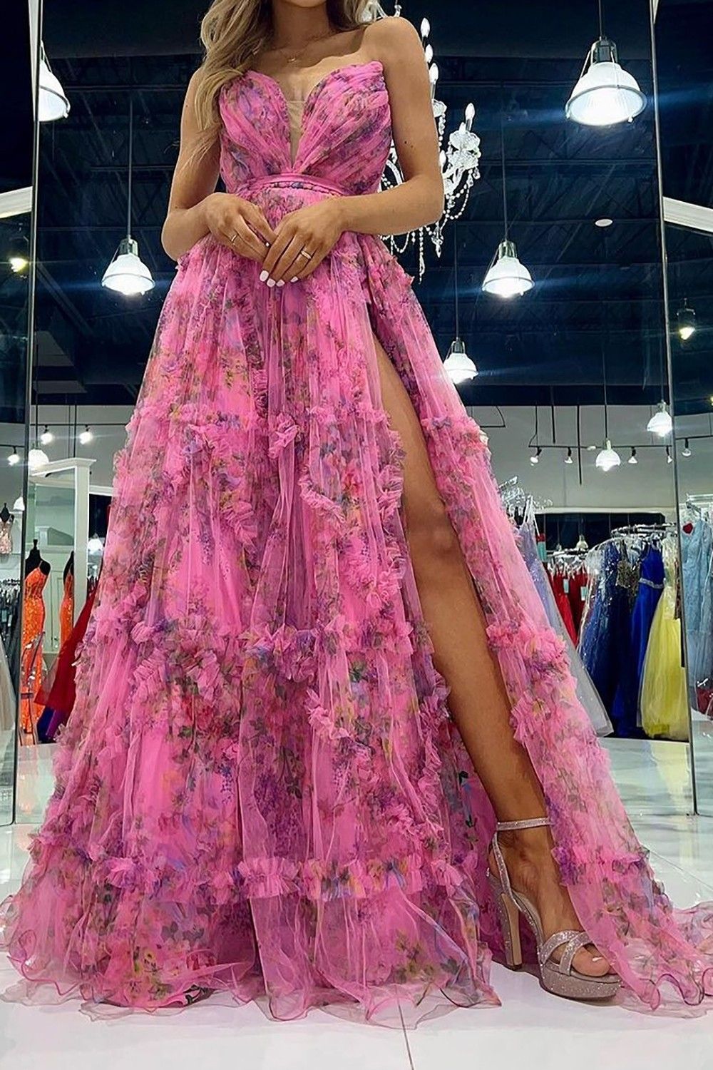 Charming A-Line Sweetheart Pink Floral Printed Long Prom Dress - FashionDia