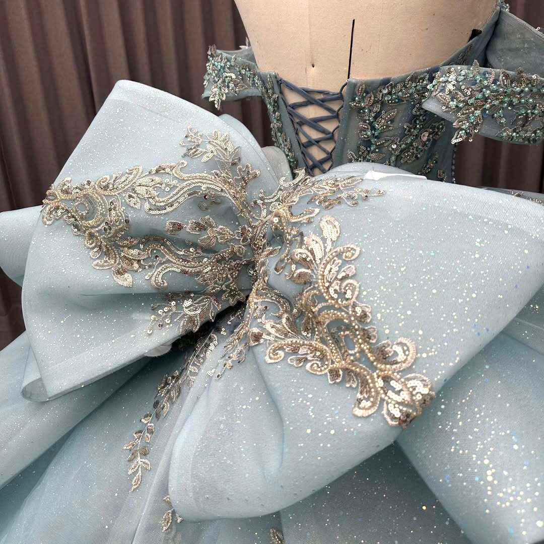 Luxurious A Line Off the Shoulder Light Blue Quinceanera Dress with Beading Bowknot