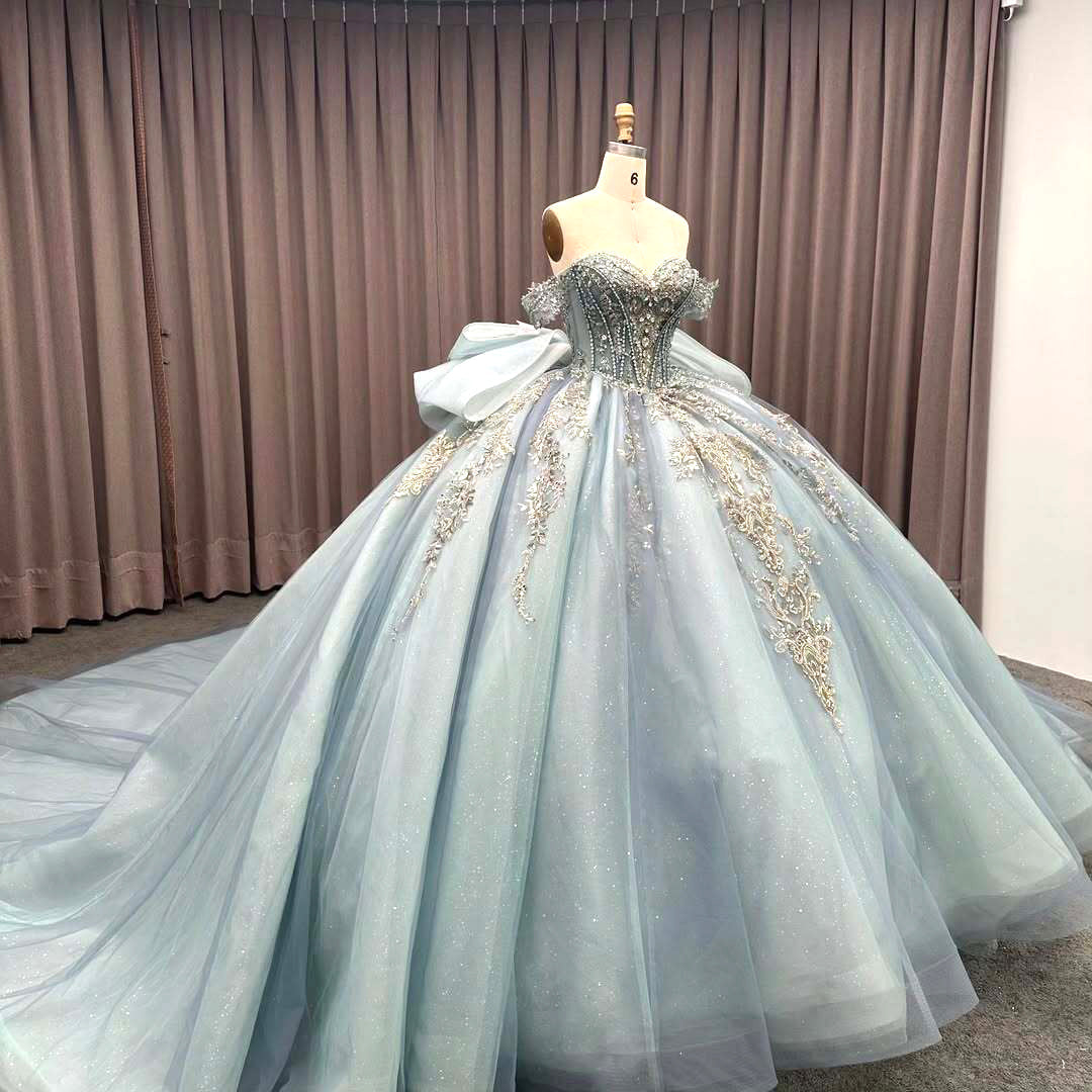 Luxurious A Line Off the Shoulder Light Blue Quinceanera Dress with Beading Bowknot