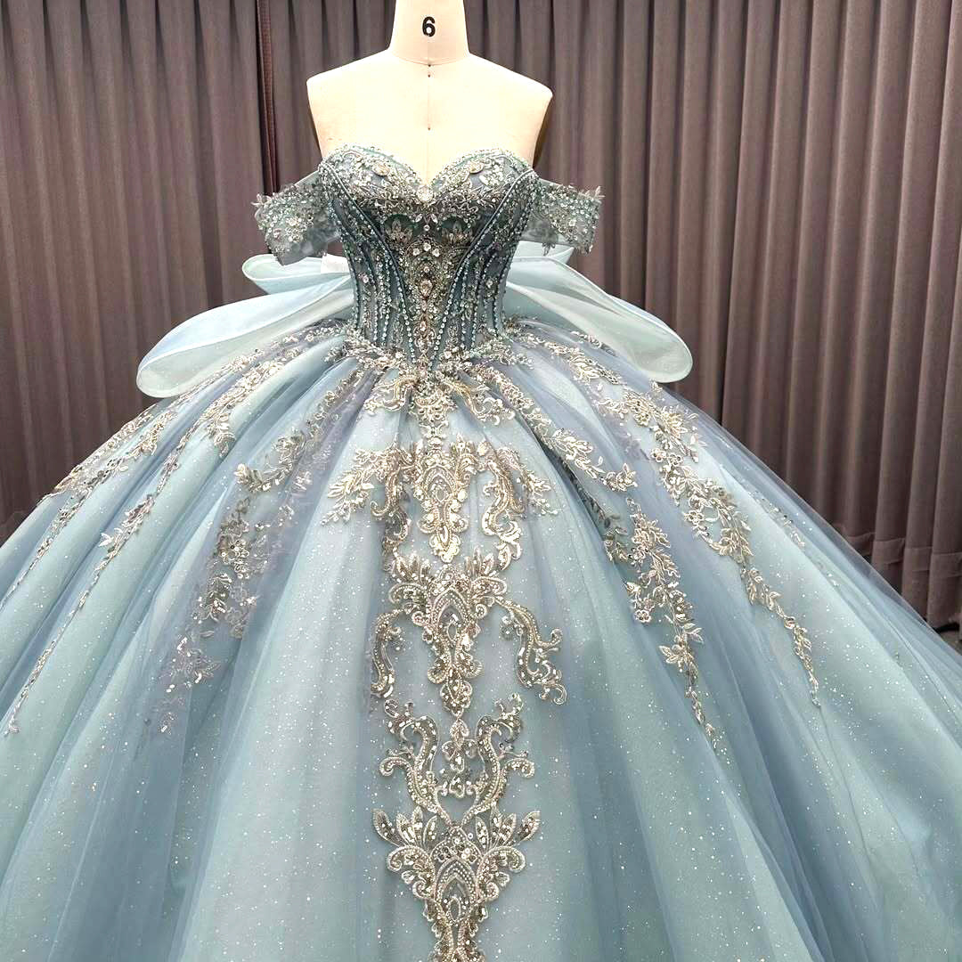 Luxurious A Line Off the Shoulder Light Blue Quinceanera Dress with Beading Bowknot