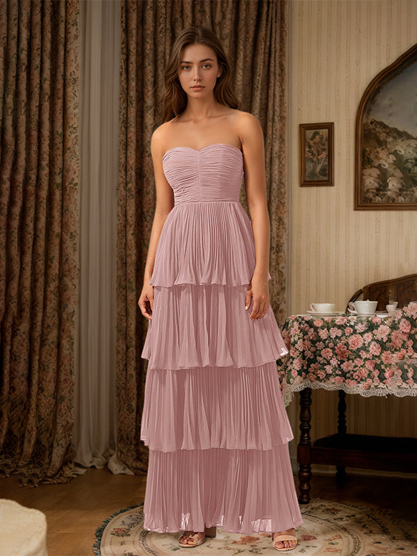 Burgundy A-Line Sweetheart Floor-Length Tiered Chiffon Bridesmaid Dress - View 14 | FashionDia
