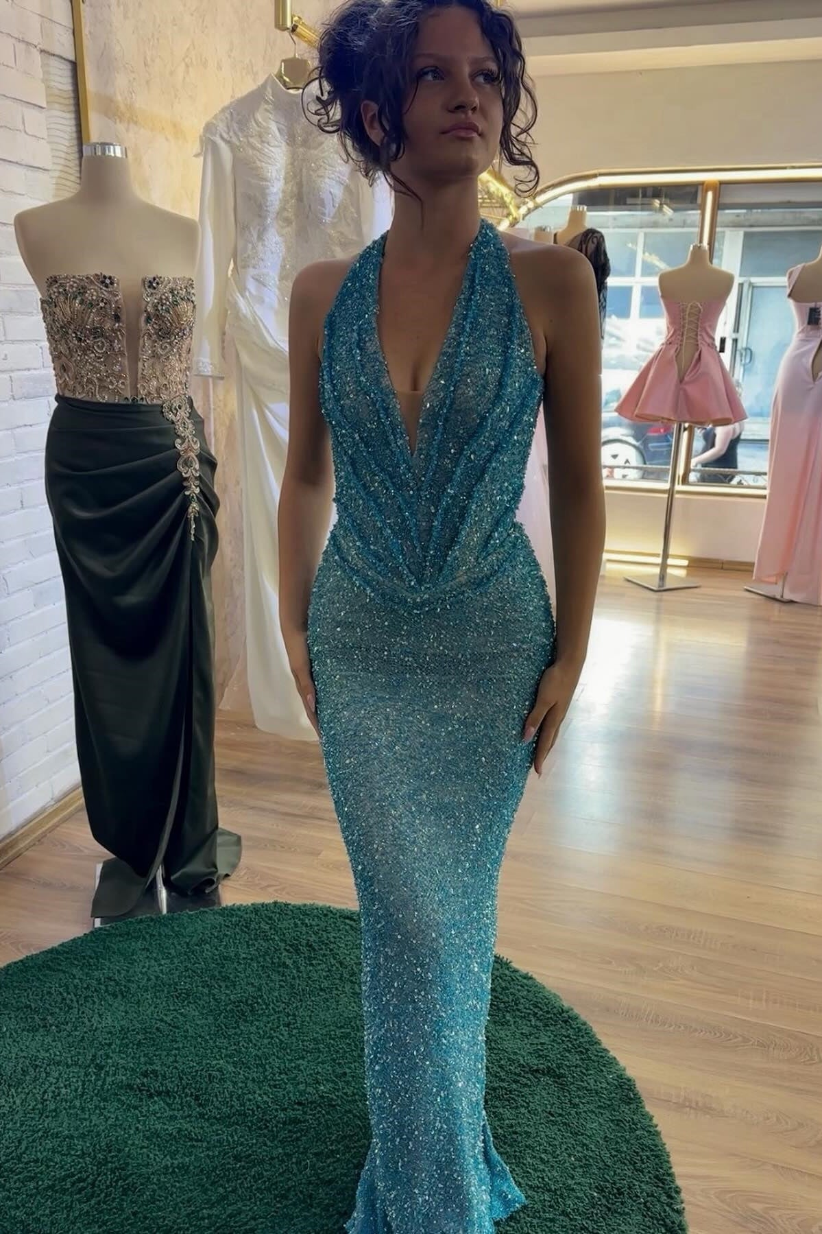 Sparkly Mermaid Halter Neck Blue Sequins Long Party Dress with Train
