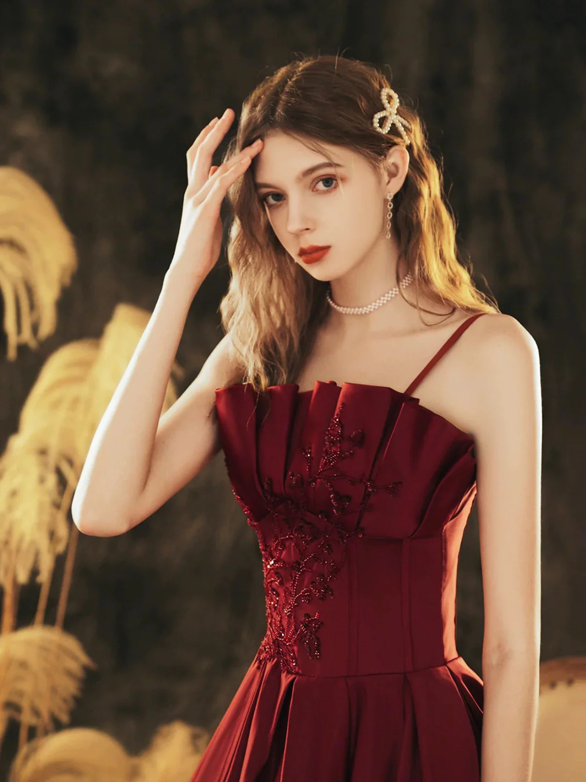 Wine Red Satin Beaded Straps Prom & Evening Dress, Wine Red A-Line Formal Dress - View 2 | FashionDia