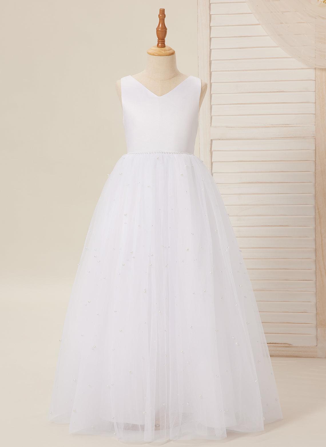 Elegant Princess Ball Gown Satin & Tulle Flower Girl Dress - View 7 | VelvetHem
