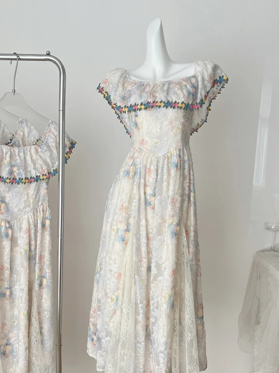 Vintage A-line Colorful Floral Lace Long Prom Dress Evening Dress
