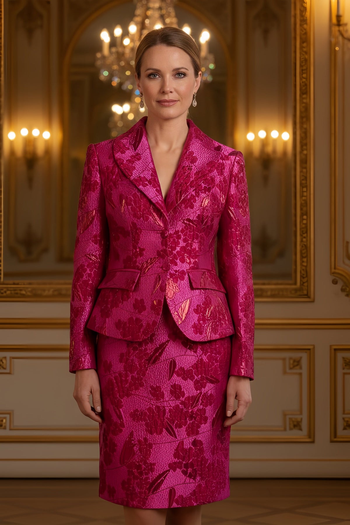 Floral Jacquard Blazer and Skirt Suit Set for Formal Events - FashionDia