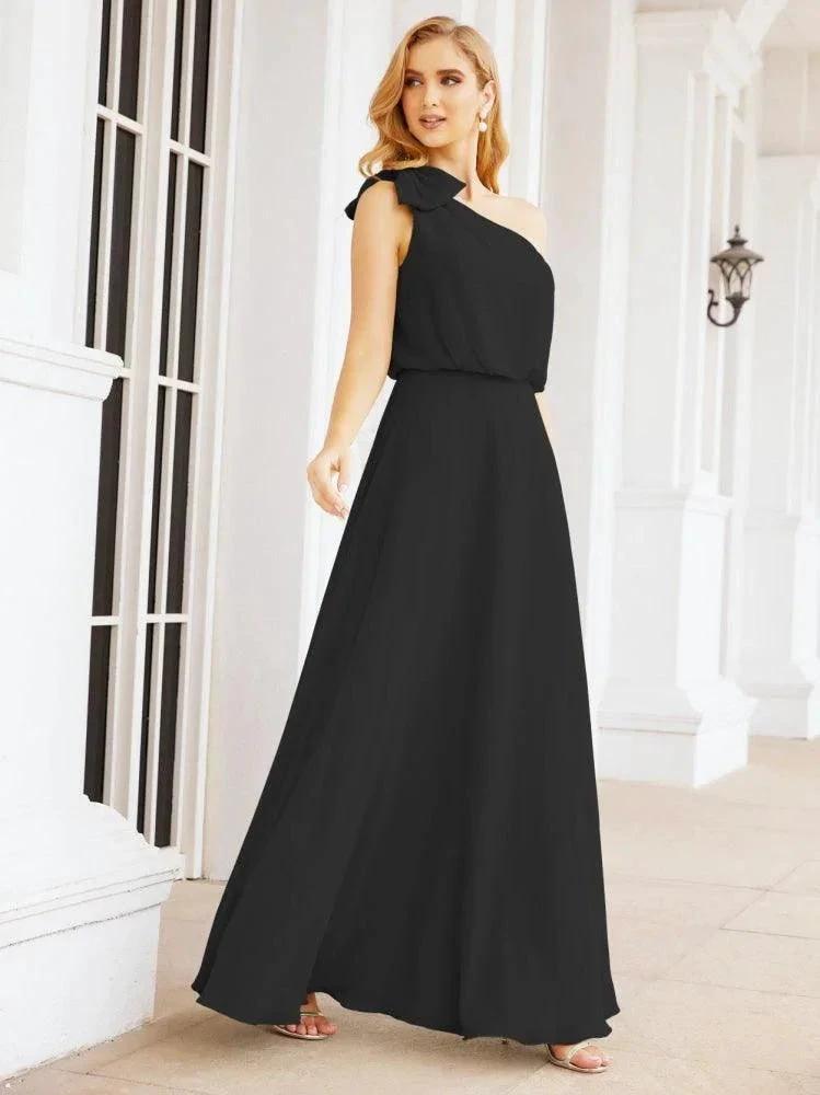 Numbersea Chiffon Ruffled One Shoulder Sleeveless Long Bride Dresses A-line Formal Evening Gown Side Split 28057 by numbersea