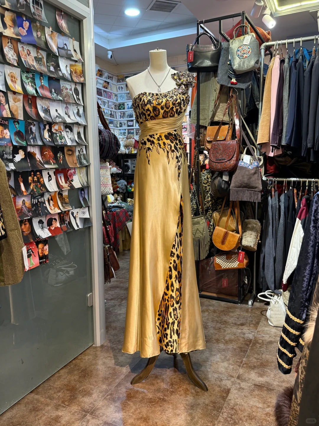 Wild Gold-Brown Leopard Print One-Shoulder Satin Long Prom Dress Evening Dress