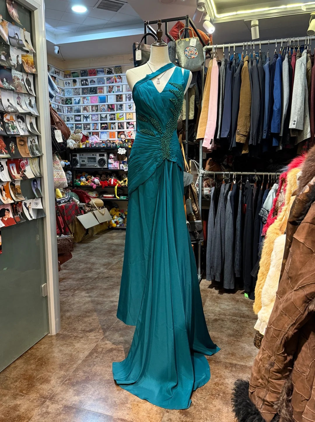 Elegant Peacock Green One-Shoulder Pearl Ribbon Satin Long Prom Dress Evening Dress