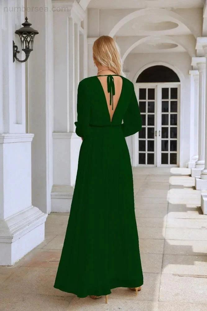 Ladies V Neck Chiffon Long Sleeve Front Slit Bridesmaid Evening Dress Wedding Party Shopping Evening Dress 28109 (ZD16991)