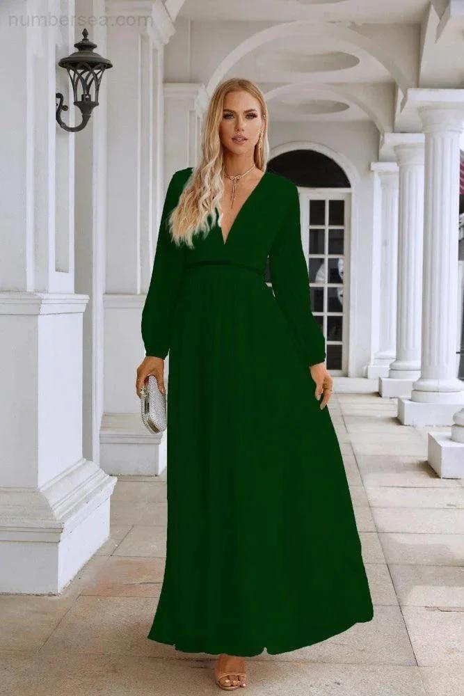 Ladies V Neck Chiffon Long Sleeve Front Slit Bridesmaid Evening Dress Wedding Party Shopping Evening Dress 28109 (ZD16991)