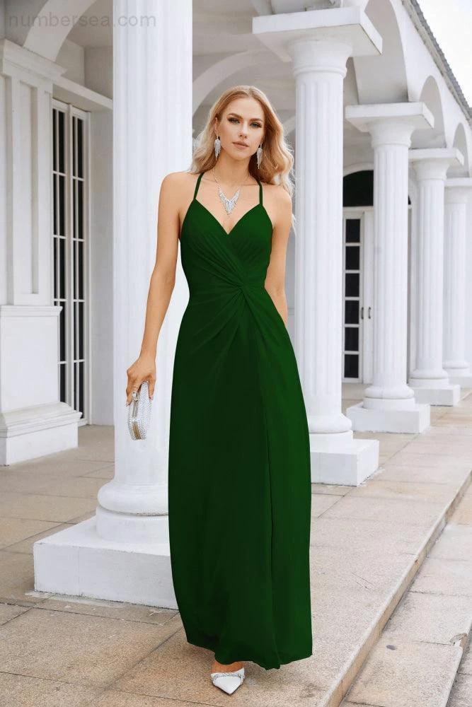 Ladies Chiffon Spaghetti Strap V Neck Front Slit Floor Length Bridesmaid Evening Dress Prom Party Wedding Evening Dress 28116 (ZD17012)