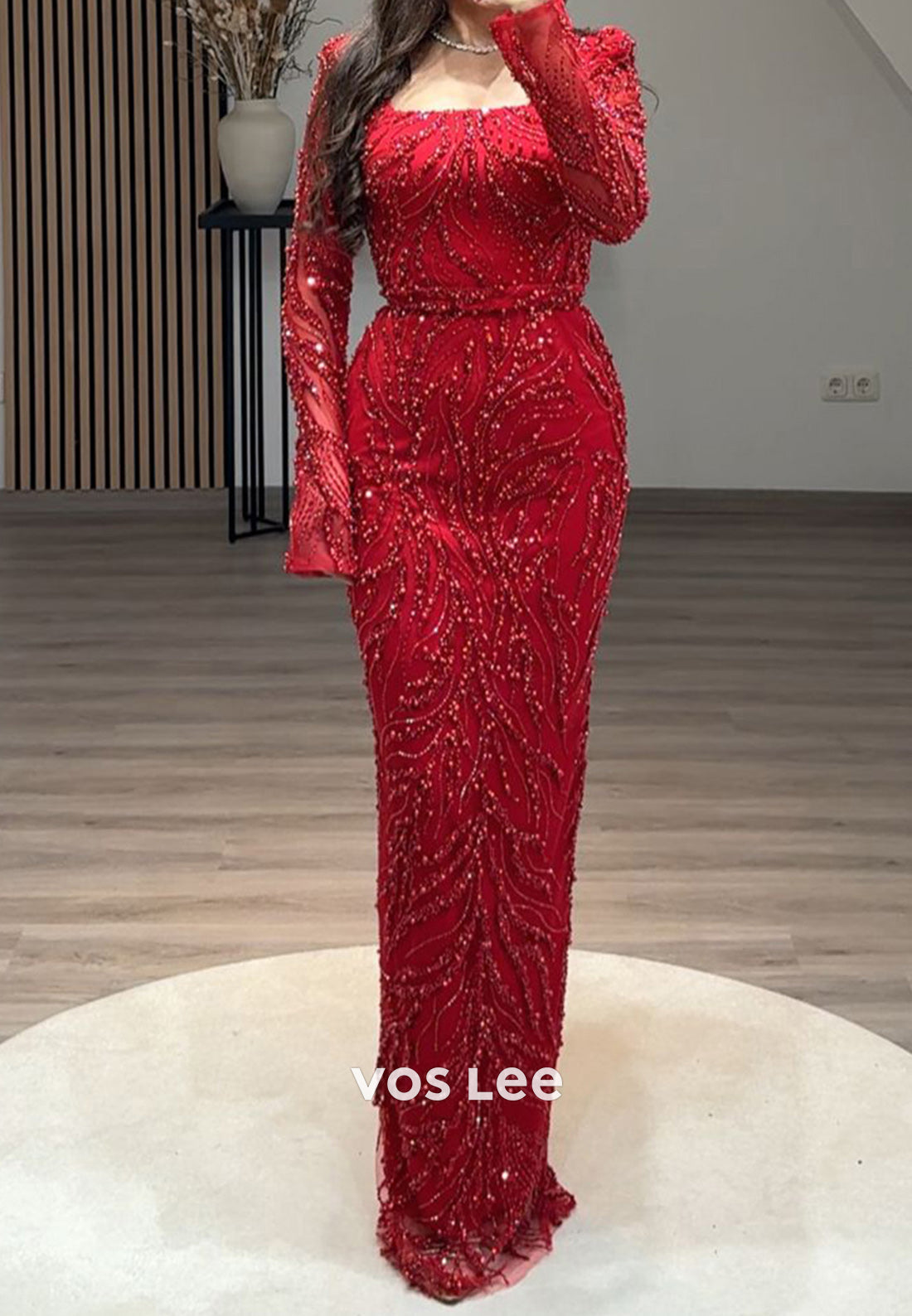Column Floor-Length Square Long Sleeve Beading Glitter Split Formal Evening Dresses