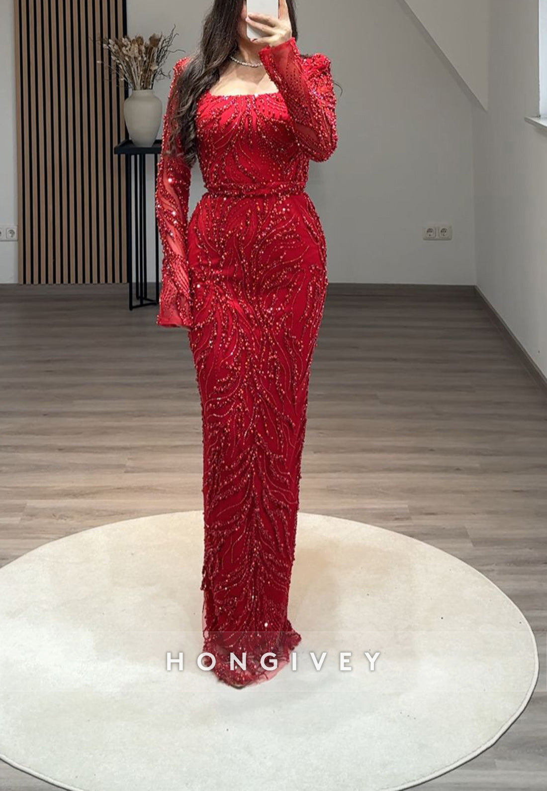 Column Floor-Length Square Long Sleeve Beading Glitter Split Formal Evening Dresses