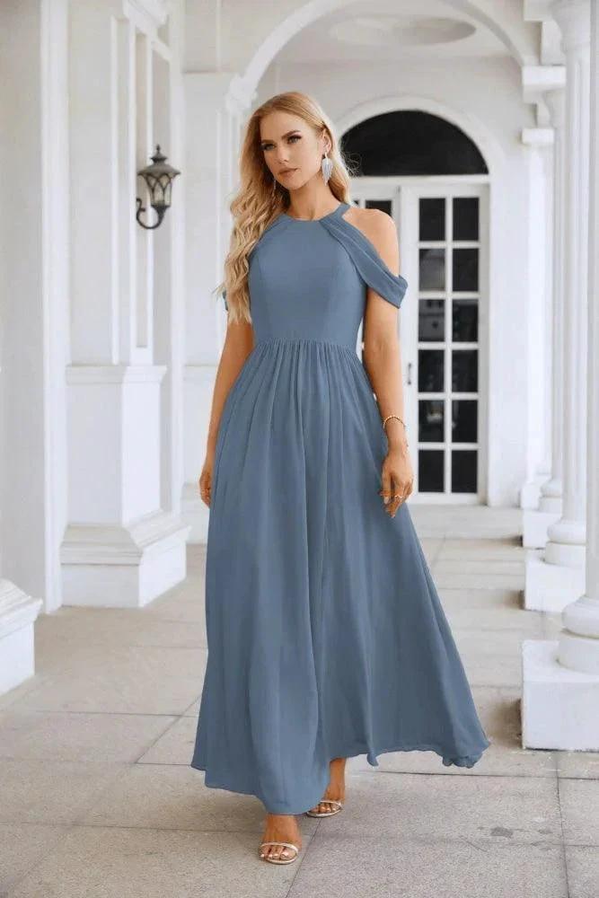 Ladies Chiffon Off Shoulder Swing Sleeve Front Slit Bridesmaid Evening Dress Wedding Party Evening Dress 28117 by numbersea