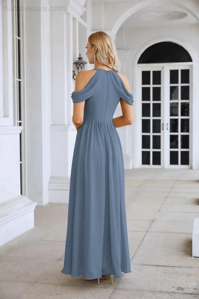 Ladies Chiffon Off Shoulder Swing Sleeve Front Slit Bridesmaid Evening Dress Wedding Party Evening Dress 28117 (ZD17011)