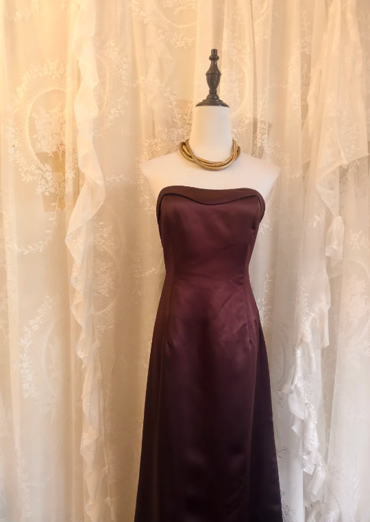 Strapless Burgundy Long Prom Dress Satin Simple Evening Dress