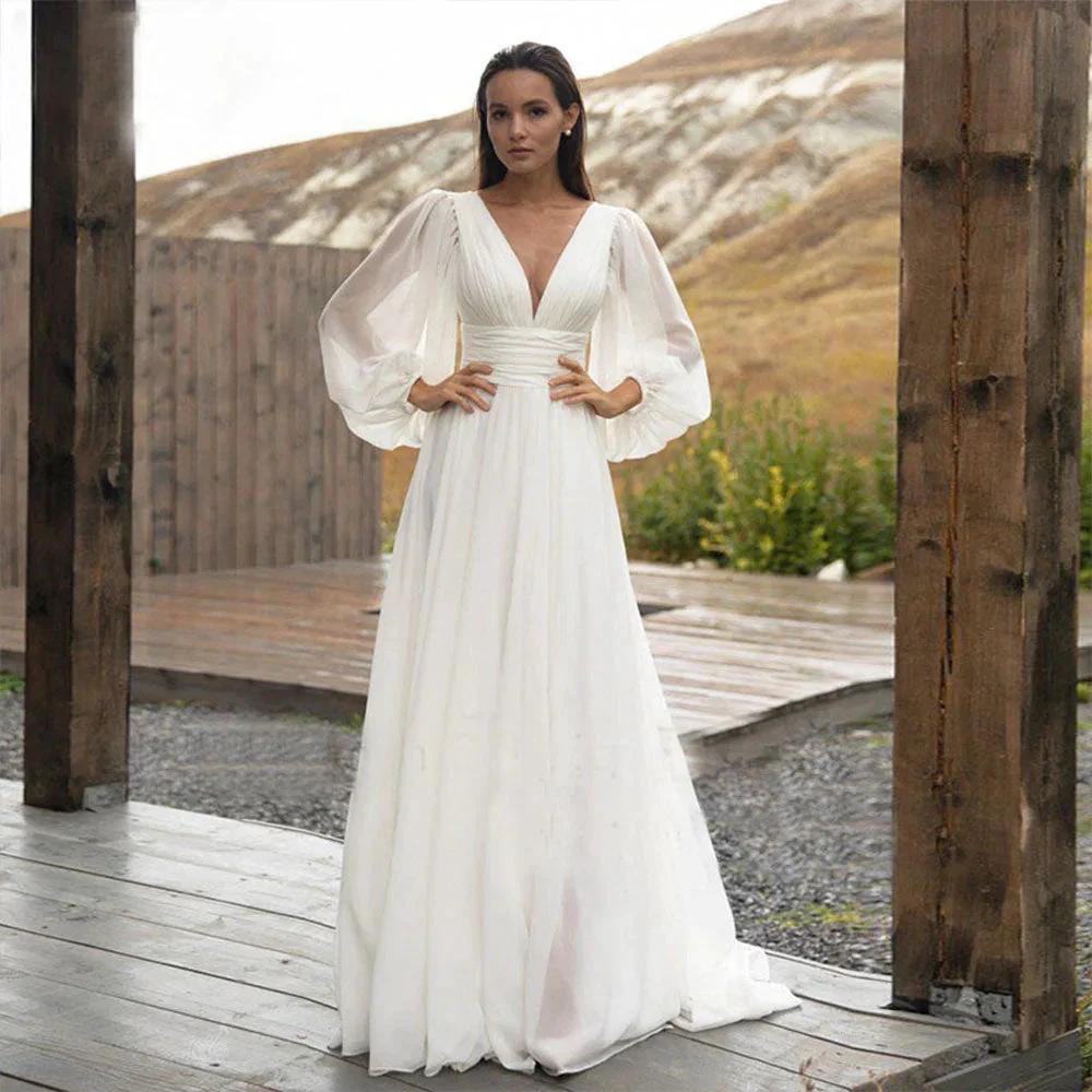 Simple Puff Sleeve Wedding Dress Bridal Long A Line Backless Beach Bride Gown Sweep Train Chiffon Robe De Mariée Vestidos (ZD13344)