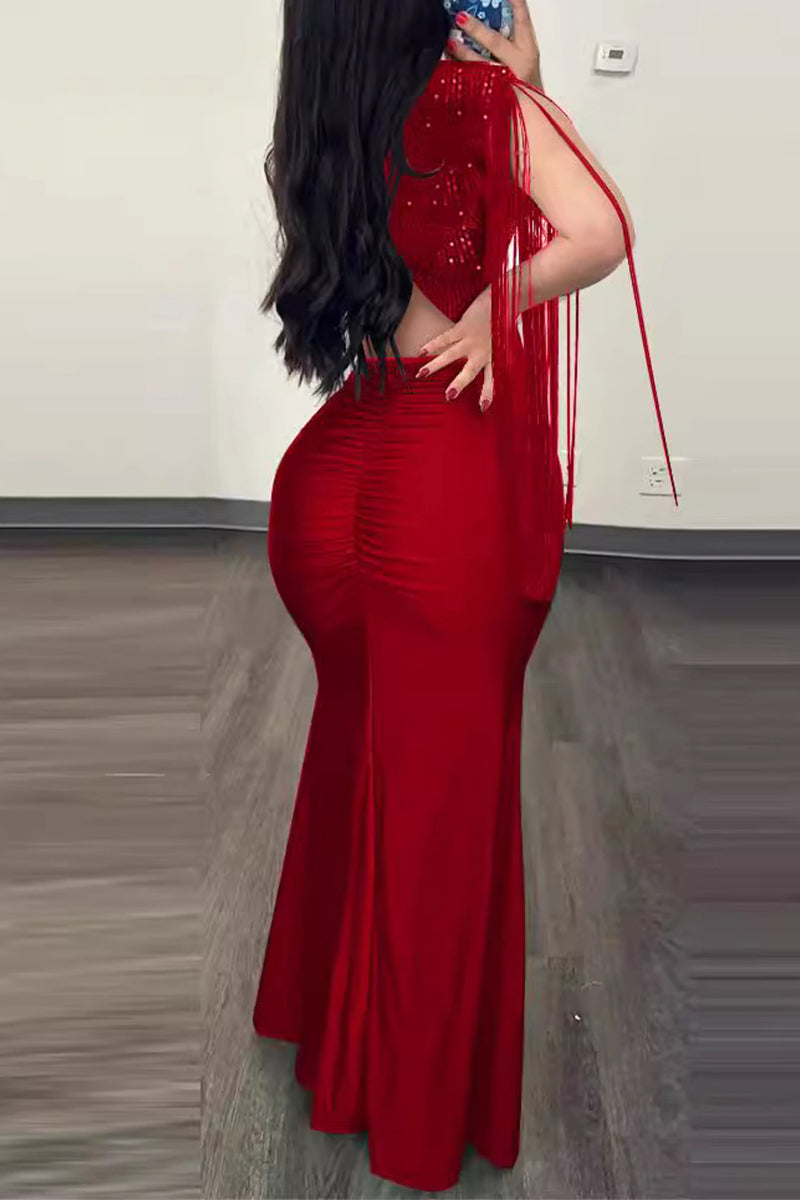Sexy Formal Solid Tassel Sequins Slit V Neck Evening Dresses - View 2 | VelvetHem