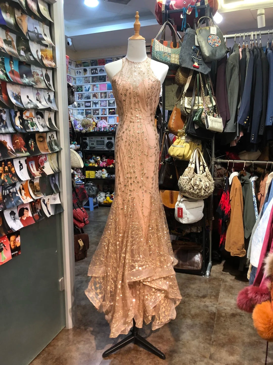 Sparkling Pink Mermaid Halter Neck Crossback Backless Tulle Long Prom Dress Evening Dress