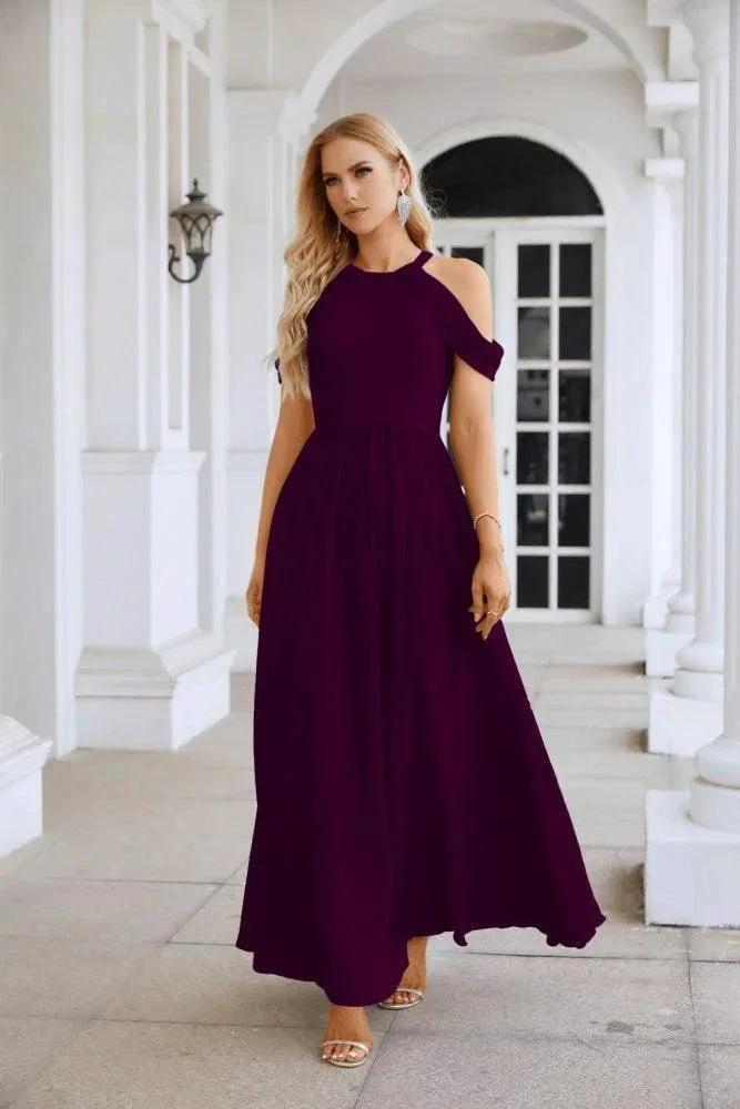 Ladies Chiffon Off Shoulder Swing Sleeve Front Slit Bridesmaid Evening Dress Wedding Party Evening Dress 28117 by numbersea