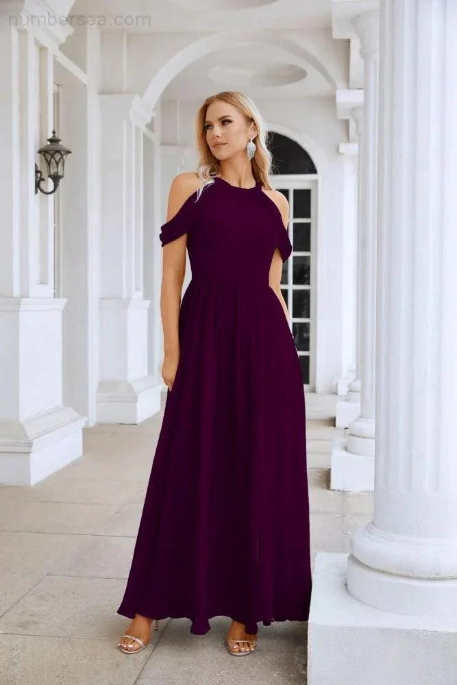 Ladies Chiffon Off Shoulder Swing Sleeve Front Slit Bridesmaid Evening Dress Wedding Party Evening Dress 28117 (ZD17011)