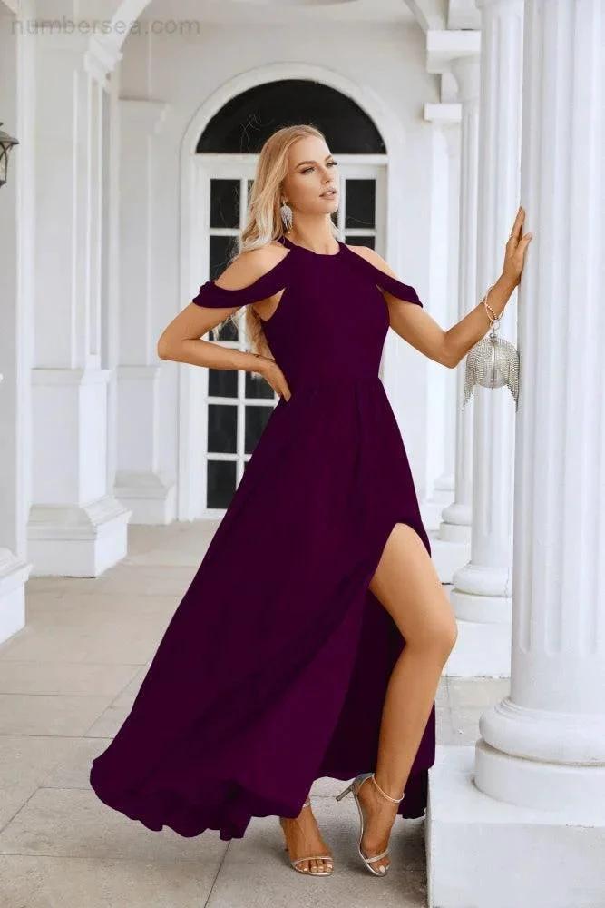 Ladies Chiffon Off Shoulder Swing Sleeve Front Slit Bridesmaid Evening Dress Wedding Party Evening Dress 28117 (ZD17011)